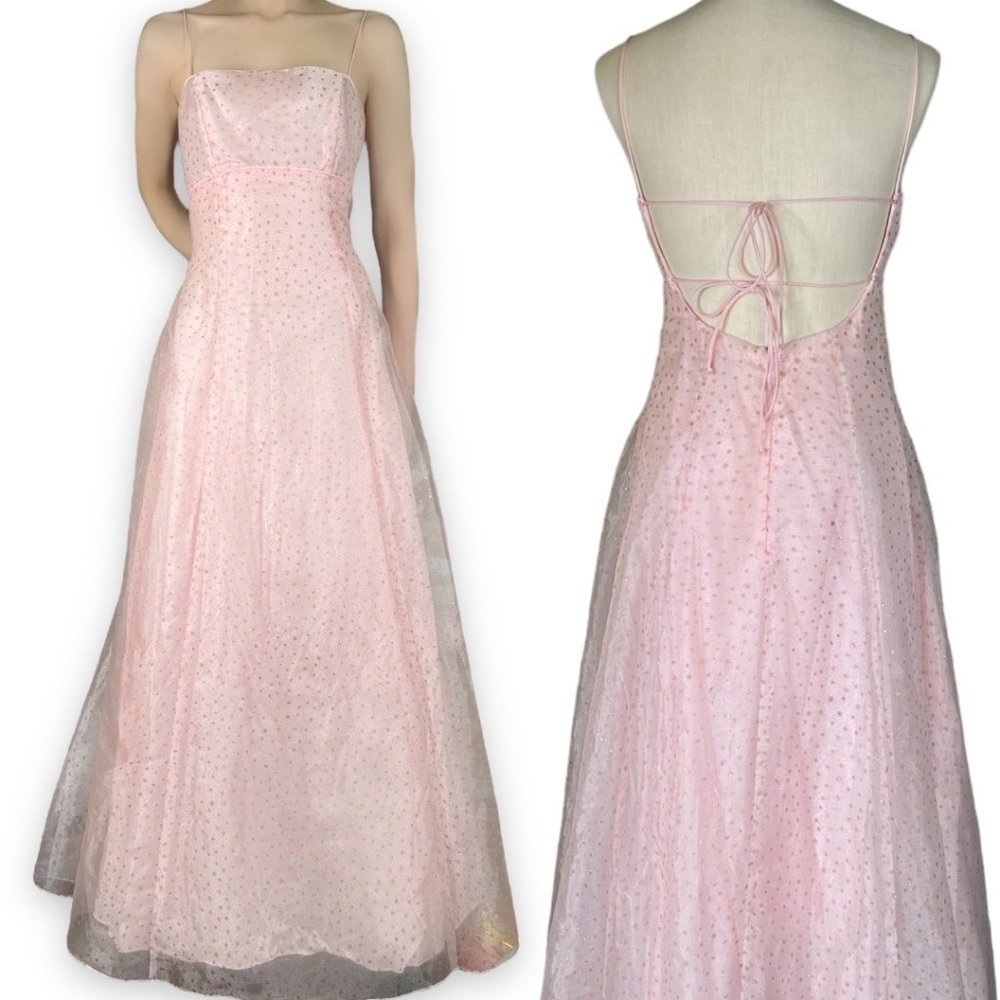 Vintage Y2K Pink Open Tie Back Puffy Prom Formal Dress Sparkly